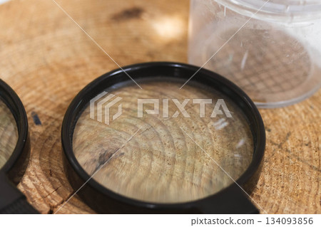 Magnifying glass on tree trunk used for nature observation Magnifying glass on tree trunk used for nature observation 134093856