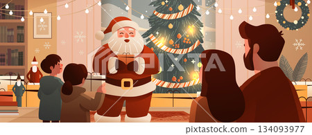 Santa Claus Christmas family celebration exchanging gifts festive tree lights cozy home interior holiday decoration fireplace scene Santa Claus Christmas family celebration exchanging gifts festive tree lights cozy home interior holiday decoration fireplace scene 134093977