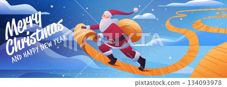Santa Merry Christmas New Year 2026 festive scene with Santa Claus walking on a golden path through snowy night sky stars clouds holiday banner Santa Merry Christmas New Year 2026 festive scene with Santa Claus walking on a golden path through snowy night sky stars clouds holiday banner 134093978