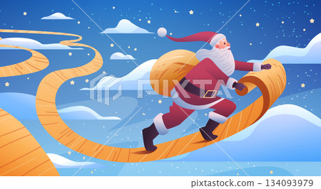 Santa Christmas journey magical sky scene festive Santa Claus with gift sack running on a golden path above clouds night stars blue background Santa Christmas journey magical sky scene festive Santa Claus with gift sack running on a golden path above clouds night stars blue background 134093979