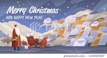Santa Christmas New Year 2026 celebration winter landscape gifts sleigh letters envelopes night sky mountains snow holiday scene website banner 134093987
