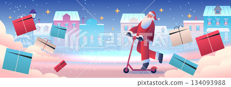 Santa Christmas New Year 2026 celebration Santa riding scooter through snowy town with flying gift boxes festive winter cityscape holiday banner 134093988