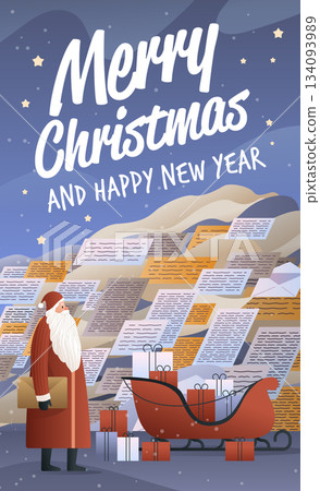 Santa Christmas New Year 2026 festive scene with Santa Claus holding letters sleigh with gifts snowy background mountains night sky stars 134093989