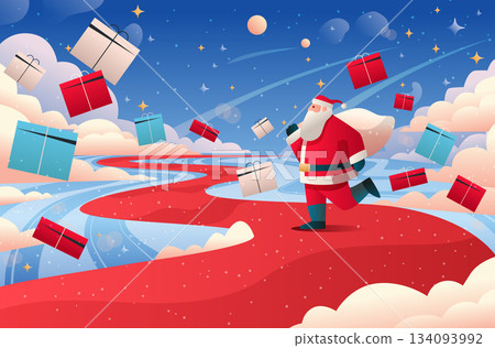 Santa Christmas New Year 2026 celebration festive scene with Santa running on a red path among flying gift boxes snowy clouds night sky Santa Christmas New Year 2026 celebration festive scene with Santa running on a red path among flying gift boxes snowy clouds night sky 134093992