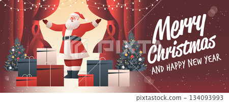 Santa Christmas celebration stage scene with gifts festive trees red curtains lights snow holiday background banner template Santa Christmas celebration stage scene with gifts festive trees red curtains lights snow holiday background banner template 134093993