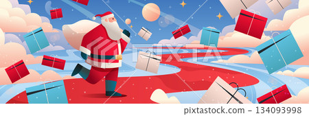 Santa Claus Christmas gift delivery festive scene red road sky clouds colorful presents winter holiday concept banner 134093998
