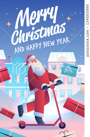 Santa Merry Christmas New Year 2026 celebration modern city Santa riding scooter surrounded by flying gifts snow winter buildings festive scene 134093999