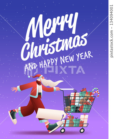 Santa Christmas New Year 2026 holiday shopping festive scene Santa running with gift-filled cart snowy purple background web banner Santa Christmas New Year 2026 holiday shopping festive scene Santa running with gift-filled cart snowy purple background web banner 134094001