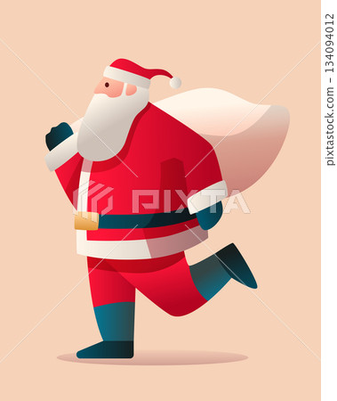 Santa running Christmas delivery gift sack festive holiday character red suit flat cartoon style beige background Santa running Christmas delivery gift sack festive holiday character red suit flat cartoon style beige background 134094012