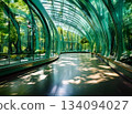 A futuristic walkway surrounded by greenery 134094027