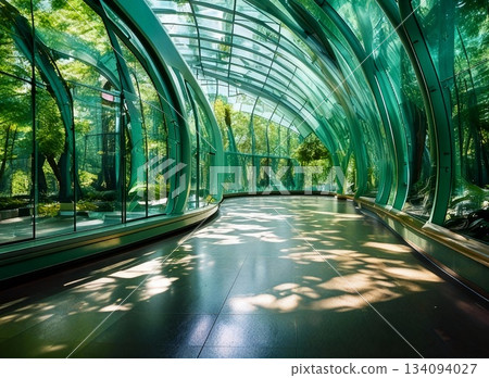 A futuristic walkway surrounded by greenery 134094027