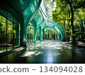 A futuristic walkway surrounded by green trees 134094028