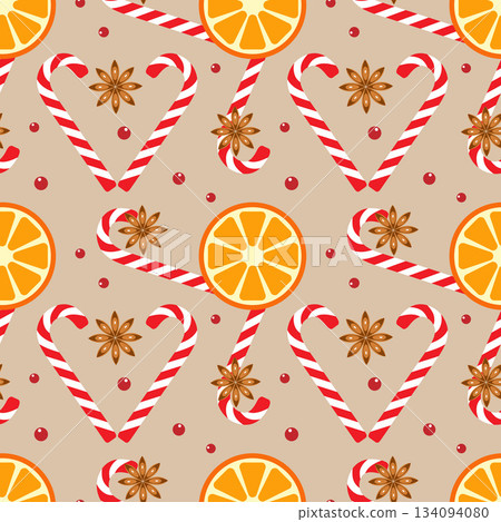 Winter pattern with orange slices, candy canes, star anise. Christmas spices on soft beige background. Background, packaging, and wallpaper. 134094080