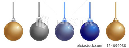 Christmas decorations in the form of five balls with glitter realistic 3d design set. Xmas decorations. Christmas balls in glitter. New Year Holiday Elements Round Ornaments. Template for your design 134094088