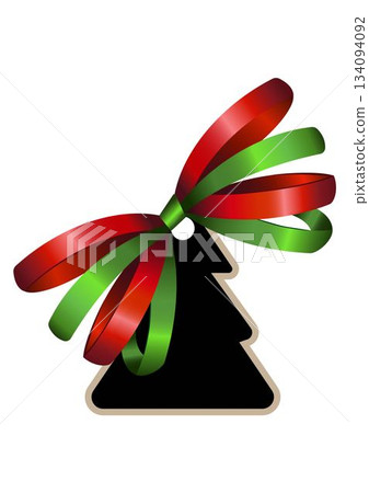 Decorative label or Christmas Sale tags in the shape of a Christmas tree with a bow of green and red ribbons decoration. New Year price tag. Winter sale design template. Winter holiday decoration 134094092