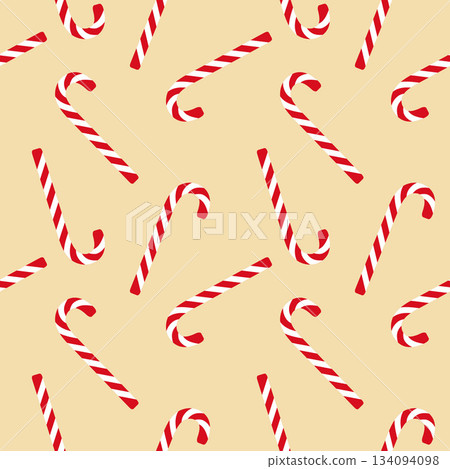 Christmas candy cane seamless pattern with red stripes on soft beige background. 134094098