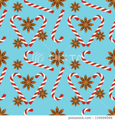 Bright festive pattern with striped candy canes and stars anise. On blue background, packaging, wallpaper. 134094099