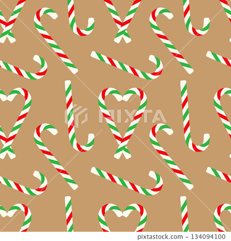 Seamless pattern of Christmas candy canes with green and white stripes on soft brown background. Suitable for holiday packaging, wallpaper, or backdrops. Seamless pattern of Christmas candy canes with green and white stripes on soft brown background. Suitable for holiday packaging, wallpaper, or backdrops. 134094100