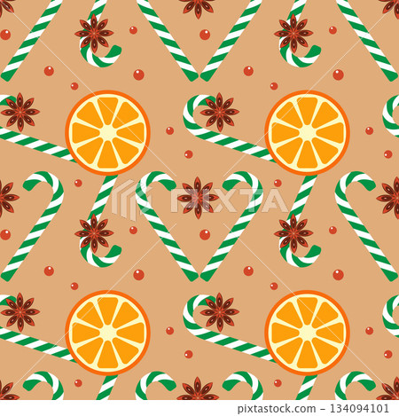 Festive pattern with round orange slices, white-green candy canes and anise. Christmas spices on soft brown background. For packaging and wallpaper. 134094101