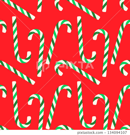 Christmas candy cane seamless pattern with white-green stripes on bright red background. Christmas candy cane seamless pattern with white-green stripes on bright red background. 134094107