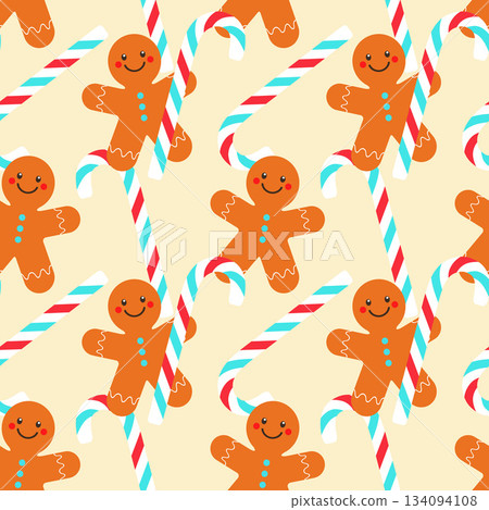 Festive bright Christmas pattern with gingerbread and striped candy cane, gift wrap, wallpaper, background. 134094108