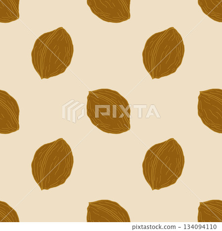 Walnut pattern. Hand drawn walnut outline on soft brown background. Concept of healthy eating, nutrition, veganism. 134094110
