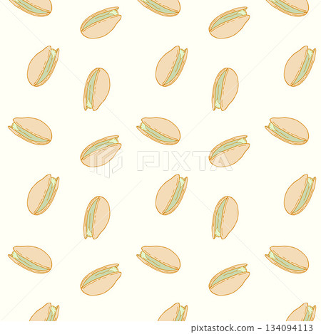 Pistachio nuts pattern, healthy food nuts and seeds, hand drawn gold nuts, doodle. Packaging, wallpaper, wrapper, backdrop. 134094113