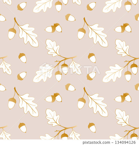 Gold oak acorns, beige pattern with oak branches and acorn nuts.  134094126
