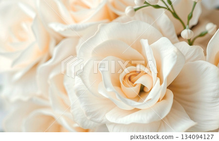 Delicate romantic floral background, white creme flower blured close-up, macro view. Ai 134094127