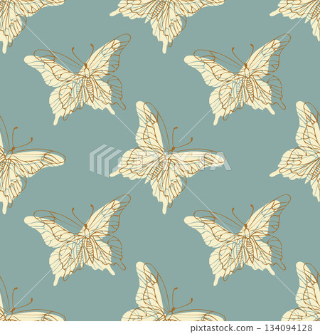 Summer vibe. Butterfly pattern with hand drawn butterfly gold outlines and creme silhouettes. 134094128