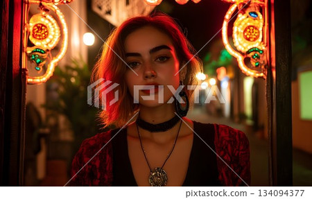Portrait of a woman with red hair, illuminated by decorative lig 134094377