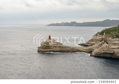 Aerial view marina cape Bonifacio south Corsica France citadel on rocky promontory on wild white limestone cliffs Aerial view marina cape Bonifacio south Corsica France citadel on rocky promontory on wild white limestone cliffs 134094441