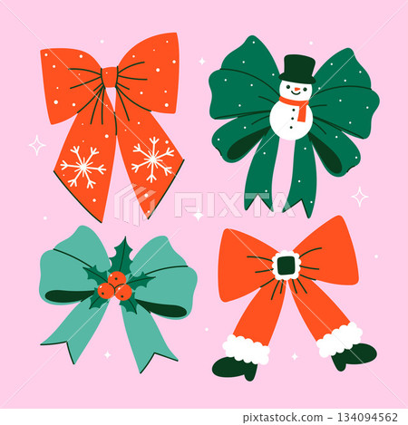 A set of four Christmas-style bows. Vector graphics. A set of four Christmas-style bows. Vector graphics. 134094562
