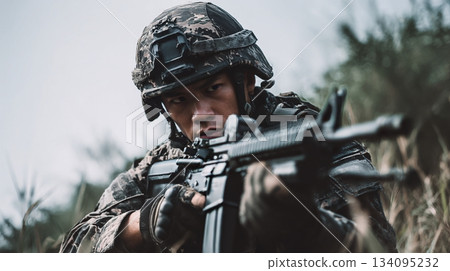 Asian soldier holding an assault rifle 6 134095232
