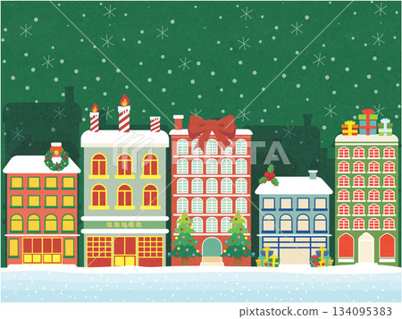A street lined with cheerful buildings decorated for Christmas 134095383