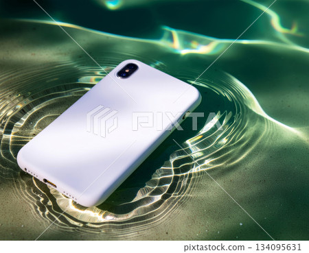 3D Render of Blank White Smartphone Case Mockup with Summer Pool and Tile Aesthetics 134095631