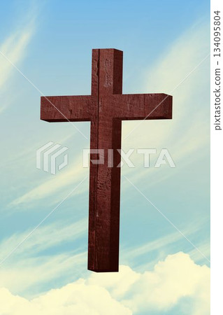 Flat design wooden cross with visible wood grain is floating above cumulus clouds in blue sky Flat design wooden cross with visible wood grain is floating above cumulus clouds in blue sky 134095804
