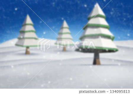Flat design pine tree is standing on rolling snowdrift under deep blue sky with falling snowflakes Flat design pine tree is standing on rolling snowdrift under deep blue sky with falling snowflakes 134095813