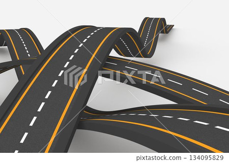 Flat design showing asphalt roads twisting, weaving over white void with yellow lines, copy space Flat design showing asphalt roads twisting, weaving over white void with yellow lines, copy space 134095829