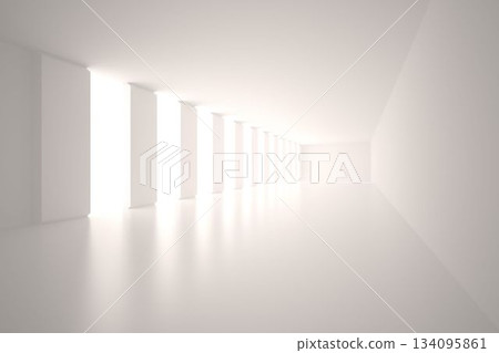 Illuminated vertical openings are flooding flat design corridor with bright white reflections 134095861