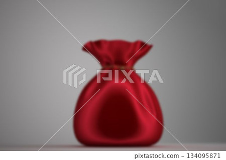 3D render is showing red satin pouch on grey backdrop with thin drawstring and subtle folds 134095871