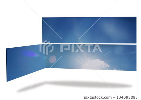3D render abstract sky panels are hovering over white surface, featuring sun flare and soft shadows 134095883
