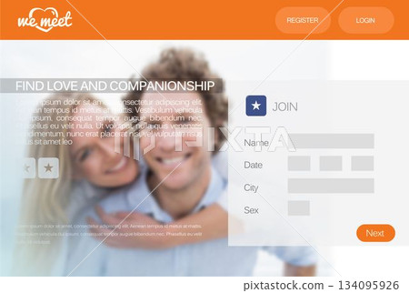 Flat design dating site UI featuring hugging couple and join panel with orange Next button Flat design dating site UI featuring hugging couple and join panel with orange Next button 134095926