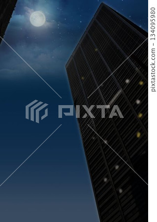 Towering skyscraper with adjacent building is glowing under full moon and lens flare in flat design 134095980