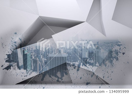 Showcasing metropolitan skyline emerging through 3D white geometric panels with paint splatter 134095999