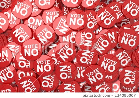 Flat design is showing pile of overlapping red campaign buttons displaying bold VOTE NO message 134096007