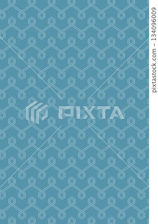 Repeating hexagon nodes are linking with straight lines in flat vector design on blue background 134096009