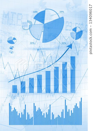 Flat data visualization is showing multiple pie charts, rising bars, trendline arrow, histogram Flat data visualization is showing multiple pie charts, rising bars, trendline arrow, histogram 134096017