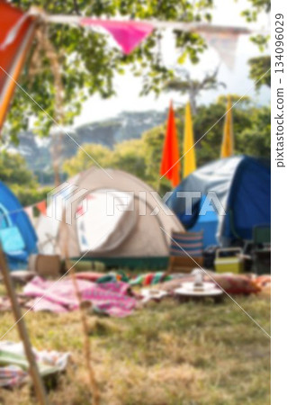 Bunting by tents on grassy field 134096029