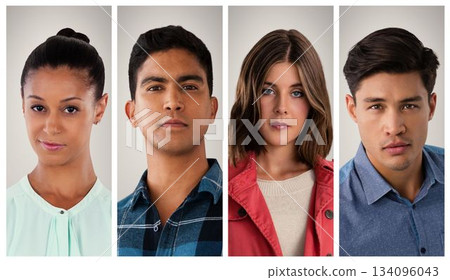 Four headshot portraits are being shown in flat design studio setup, with off-white backdrop 134096043
